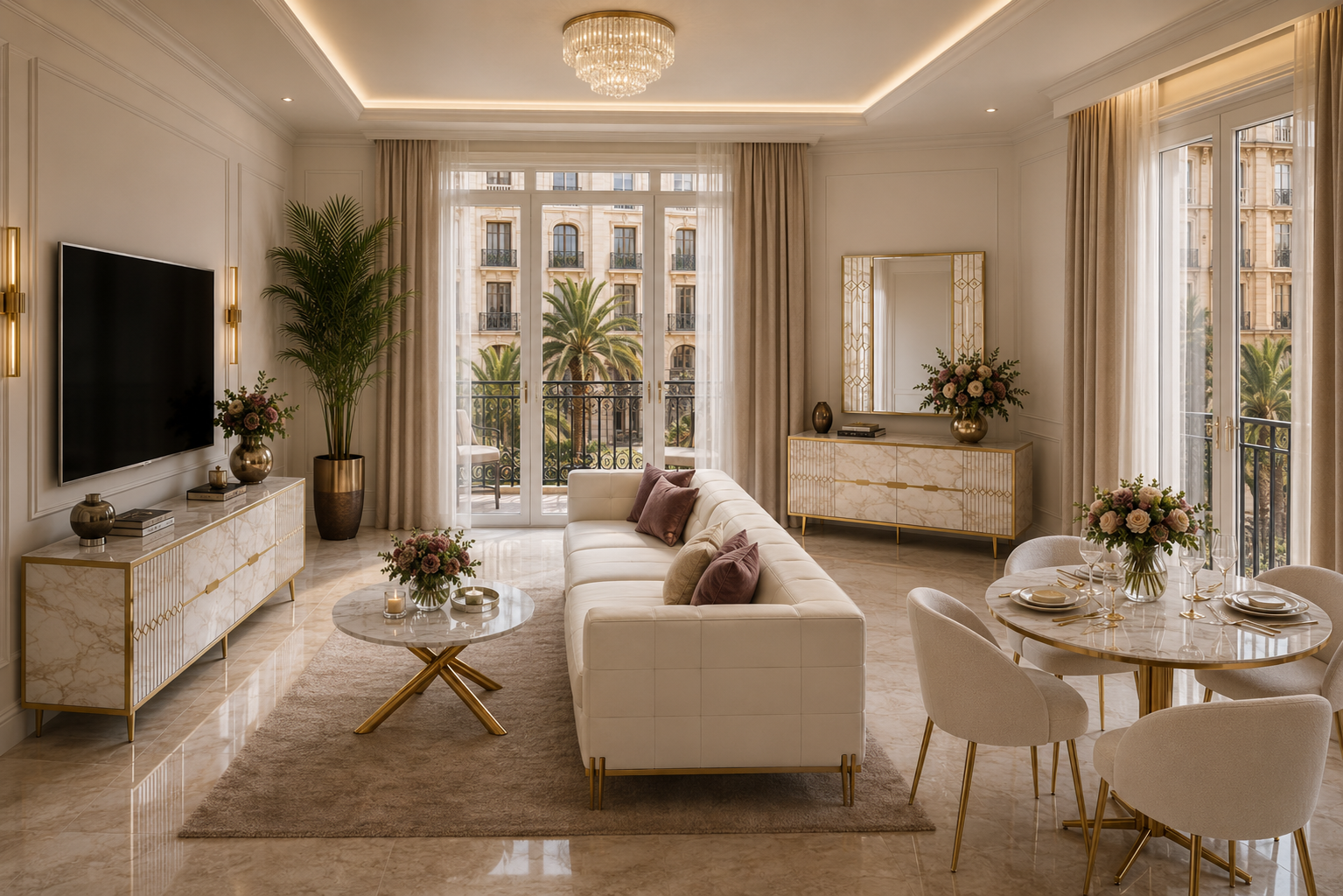 Aparador ELOISE bilaminado mármol blanco con detalles dorados 180 cm - Muebles Mercatoro
