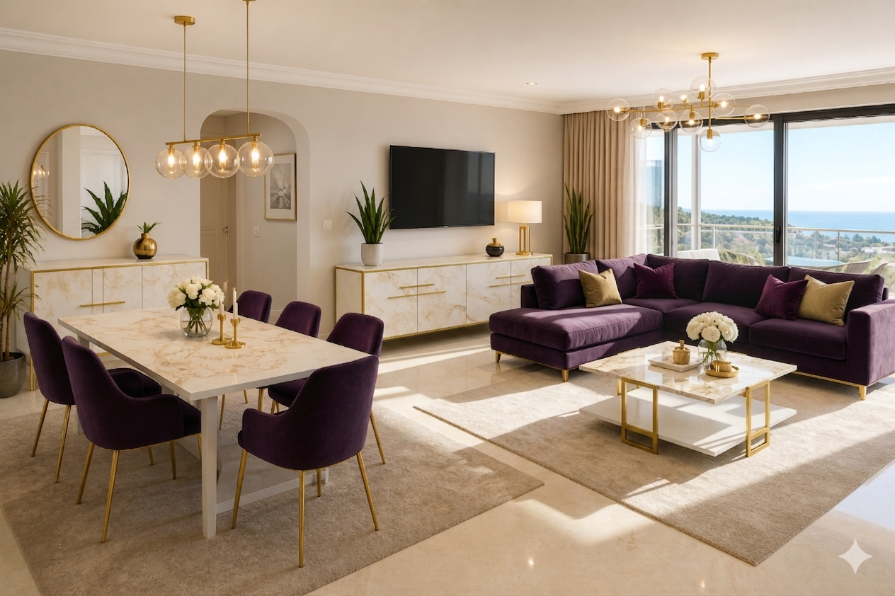 Aparador de diseño SIENA de 180 cm en bilaminado blanco con frontales de efecto mármol y elegantes patas metálicas doradas para salones de lujo - Muebles Mercatoro