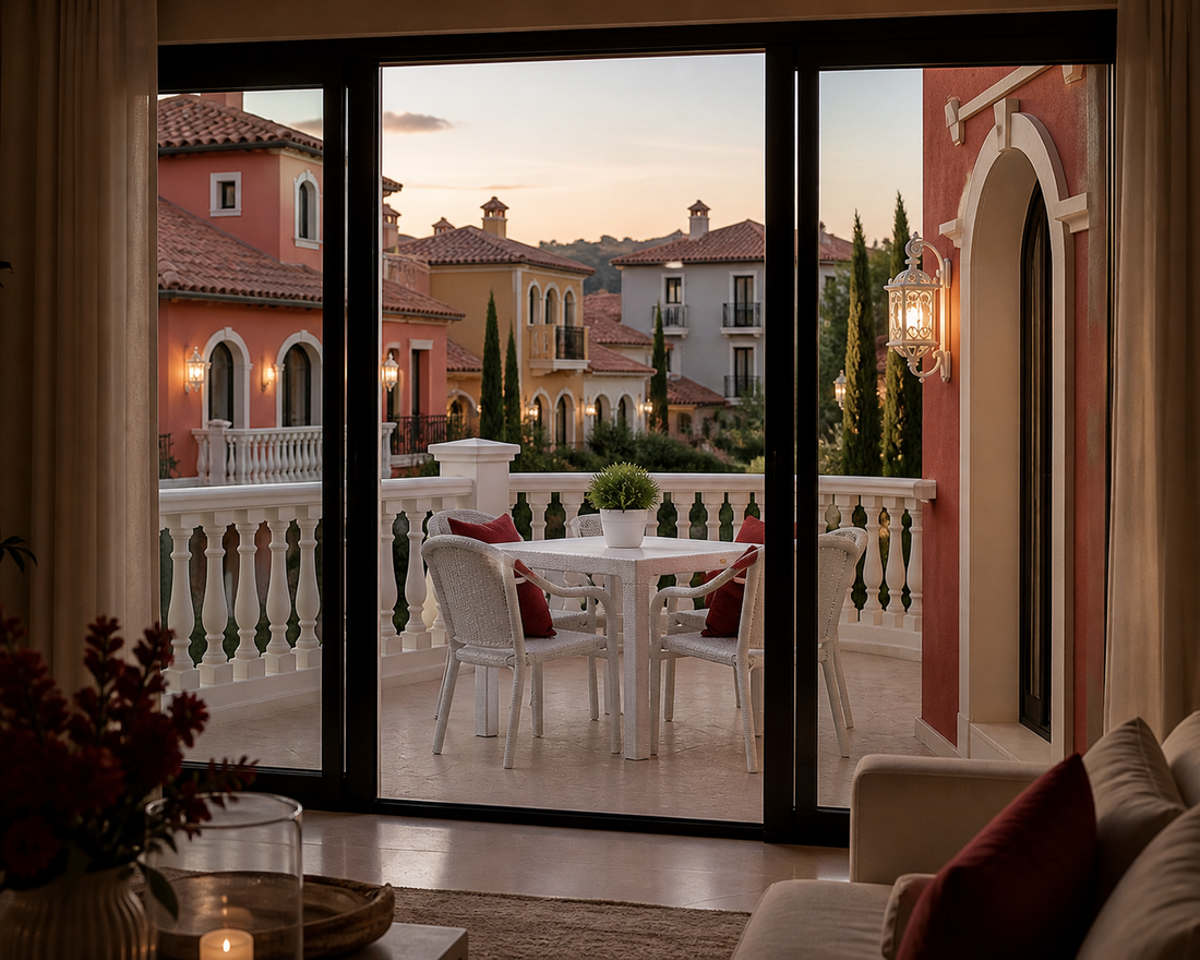 Conjunto de comedor exterior blanco de alta gama en una terraza de la Costa Blanca, diseño ergonómico para el bienestar y la longevidad, ideal para villas en Alicante