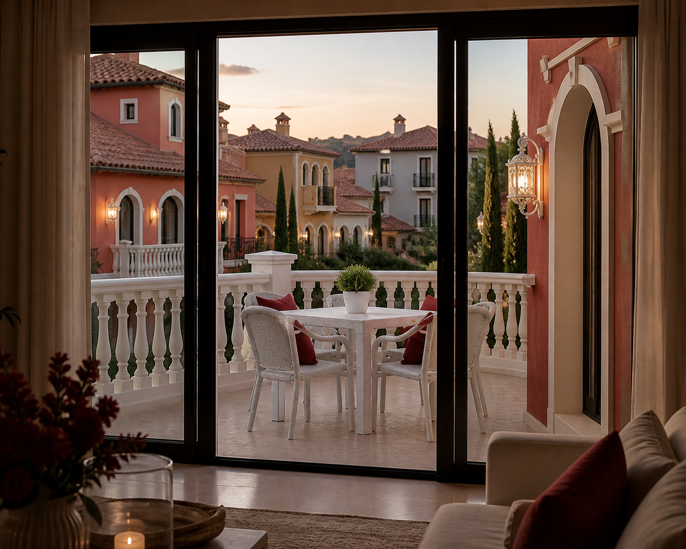 Conjunto de comedor exterior blanco de alta gama en una terraza de la Costa Blanca, diseño ergonómico para el bienestar y la longevidad, ideal para villas en Alicante