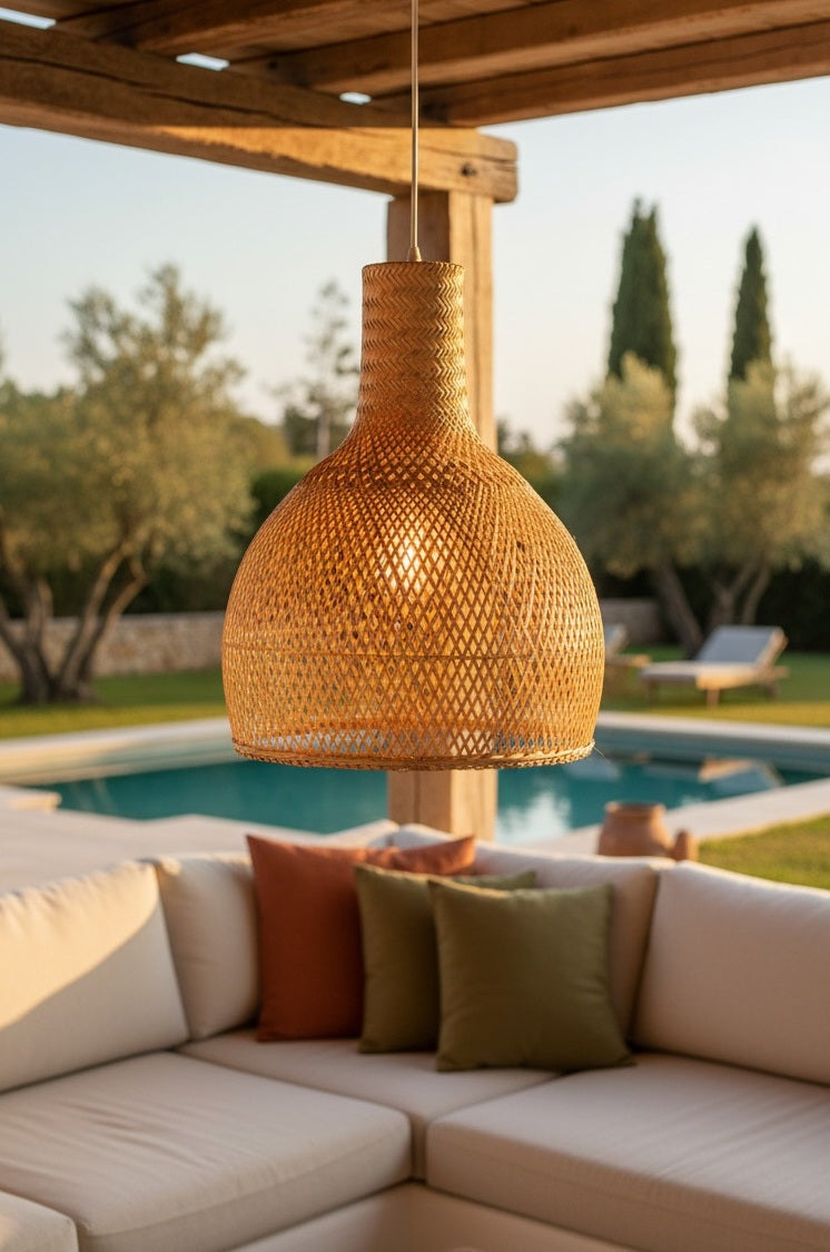 Ambiente interior decorado con lámparas de bambú natural modelos Papua y Manila de Mercatoro, iluminación artesanal de estilo boho chic y mediterráneo