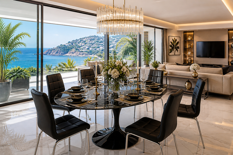 Ambiente de salón de lujo con muebles de estilo Art Deco, detalles dorados, mármol y lámparas de diseño brillante para interiores sofisticados