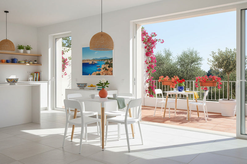 Espacio minimalista y acogedor de estilo Orgánico Moderno con muebles de formas curvas, materiales naturales y decoración zen equilibrada