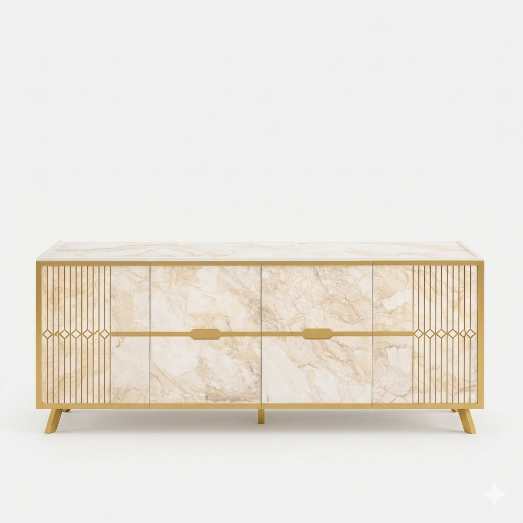 Mueble aparador de 4 puertas en blanco y mármol con patas doradas, fabricado en madera certificada FSC, ideal para decoración de interiores de lujo y estilo contemporáneo.