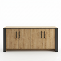Mueble aparador de 4 puertas en madera de roble certificada FSC con detalles gris oscuro, diseño robusto de 180 cm para almacenamiento elegante en el hogar.