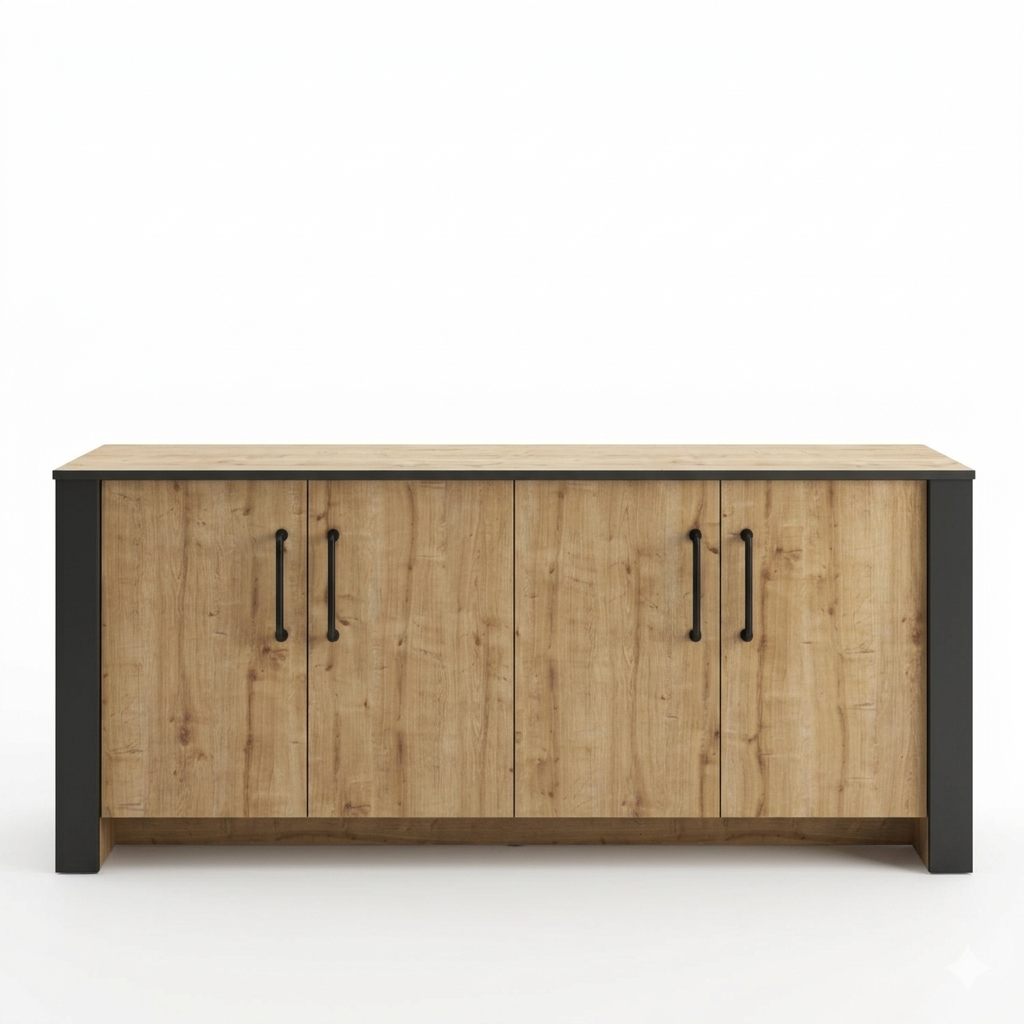 Mueble aparador de 4 puertas en madera de roble certificada FSC con detalles gris oscuro, diseño robusto de 180 cm para almacenamiento elegante en el hogar.