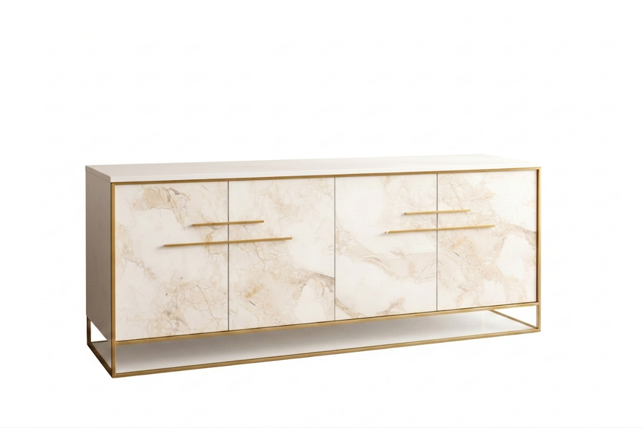 Aparador contemporáneo de 180 cm con frentes efecto mármol blanco y estructura de madera sostenible FSC, diseño elegante con detalles en oro para interiores sofisticados