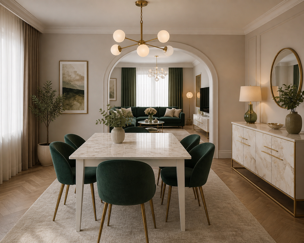 Mueble para comedor con puertas efecto mármol blanco y patas doradas, fabricado en madera sostenible FSC para interiores modernos y elegantes.