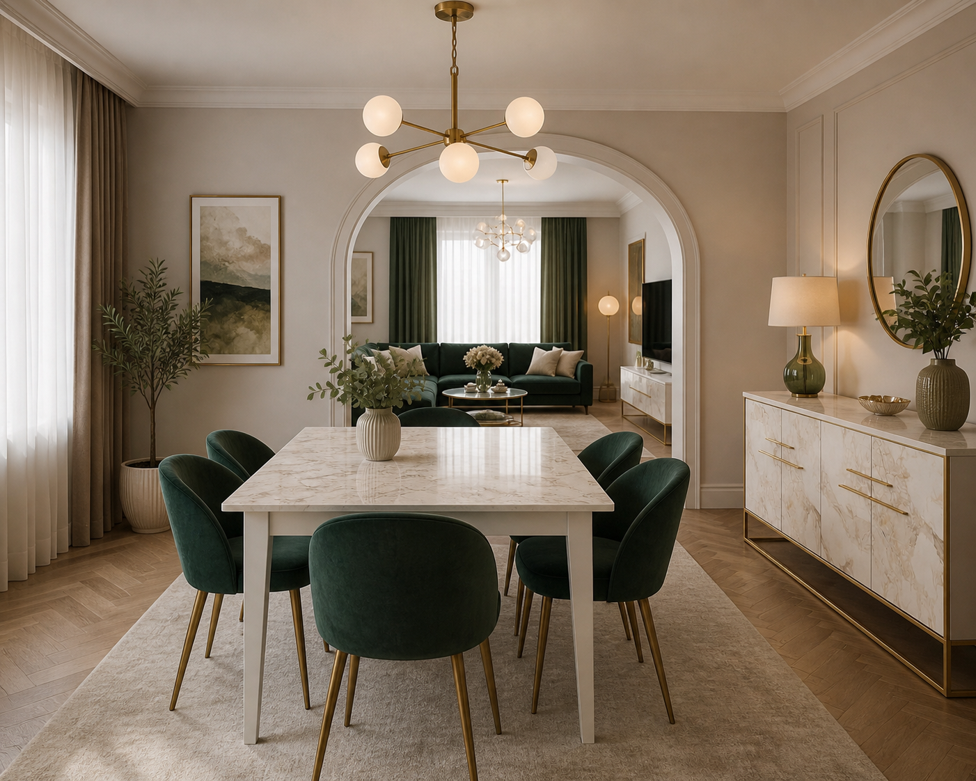 Mueble para comedor con puertas efecto mármol blanco y patas doradas, fabricado en madera sostenible FSC para interiores modernos y elegantes.