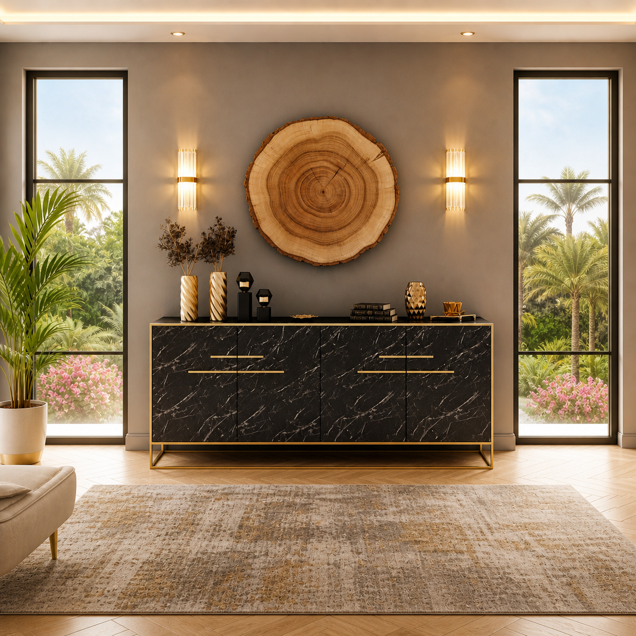 Aparador de diseño SIENA en mármol negro y detalles dorados, mobiliario de lujo para salones modernos en La Marina y San Fulgencio - Muebles Mercatoro.