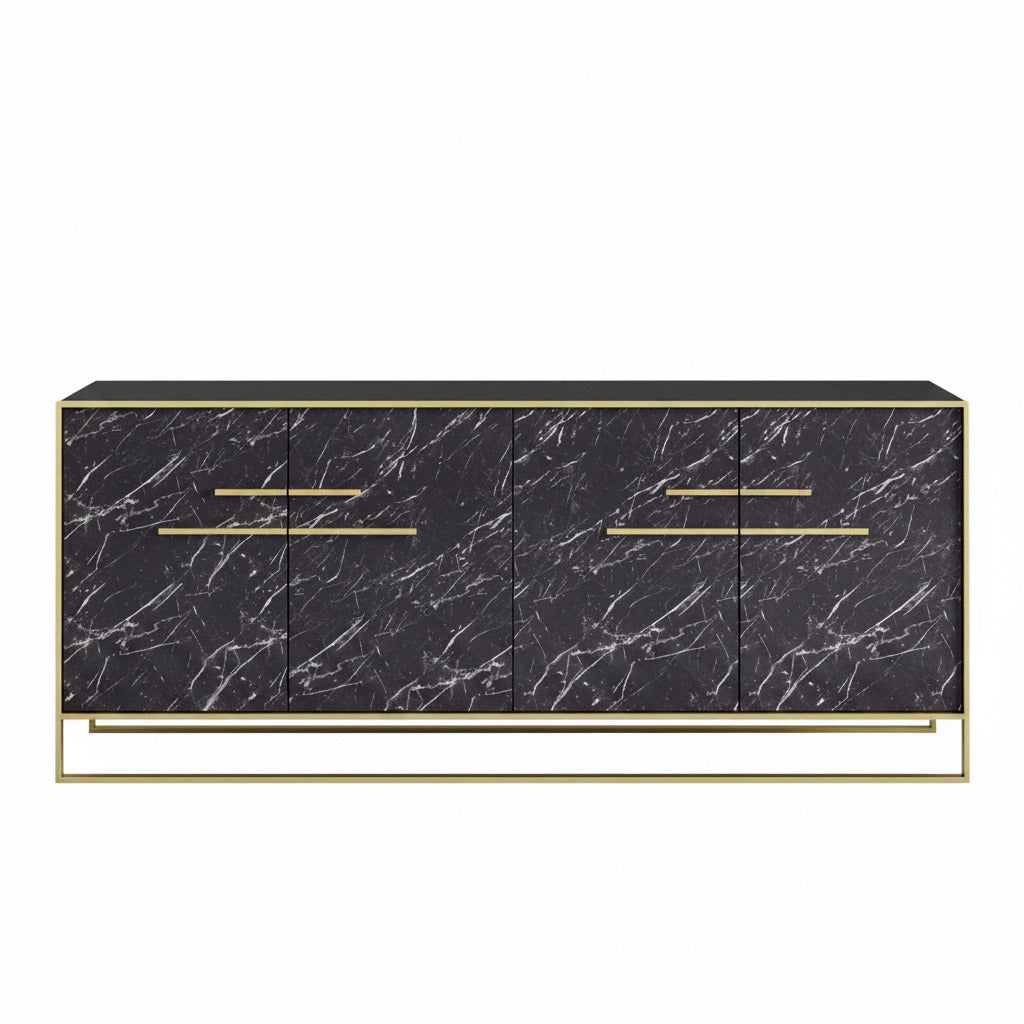 Mueble buffet de 180 cm con acabado efecto mármol negro y patas doradas, fabricado en madera sostenible FSC para interiores de estilo contemporáneo y sofisticado.