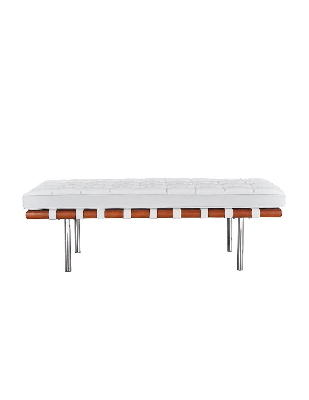 Banco de diseño BARNA en similpiel blanca con estructura de madera y acero inoxidable, elegante y duradero, disponible en otros colores para adaptarse a cualquier decoración.