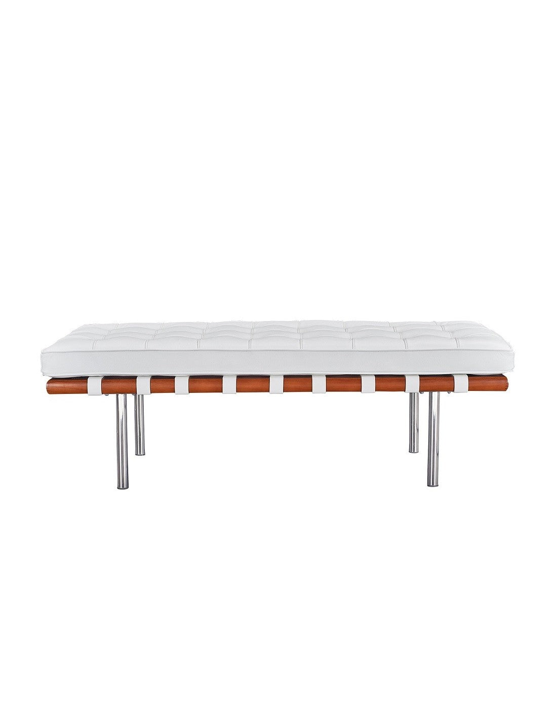 Banco de diseño BARNA en similpiel blanca con estructura de madera y acero inoxidable, elegante y duradero, disponible en otros colores para adaptarse a cualquier decoración.