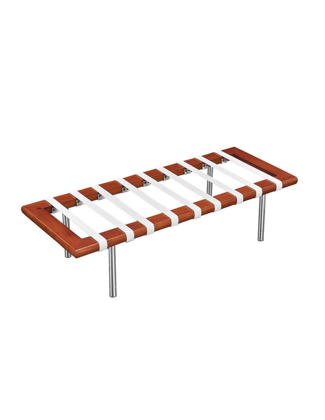 Banco de diseño BARNA tapizado en similpiel blanca de acabado liso y luminoso, con estructura combinada de madera y acero inoxidable. Pieza compacta y elegante de líneas contemporáneas.