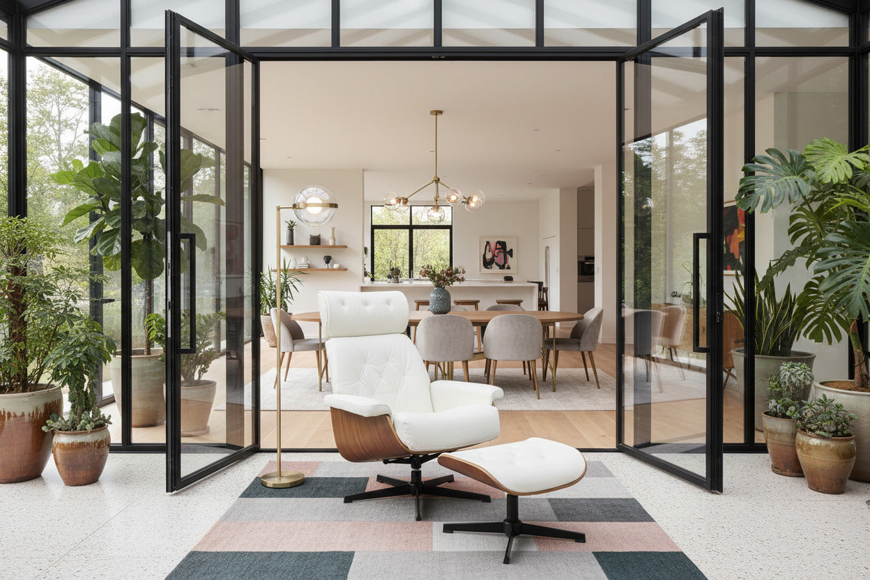 Estilo Icónico Butaca de Diseño con Ottoman en Similpiel Blanca