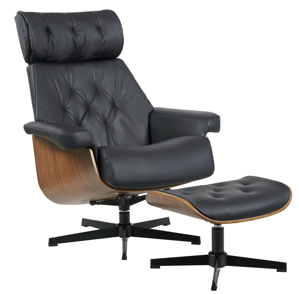 Sillón relax ergonómico con reposapiés ottoman, acabado en madera contrachapada barnizada y tapizado negro elegante, perfecto para salones modernos y despachos de prestigio
