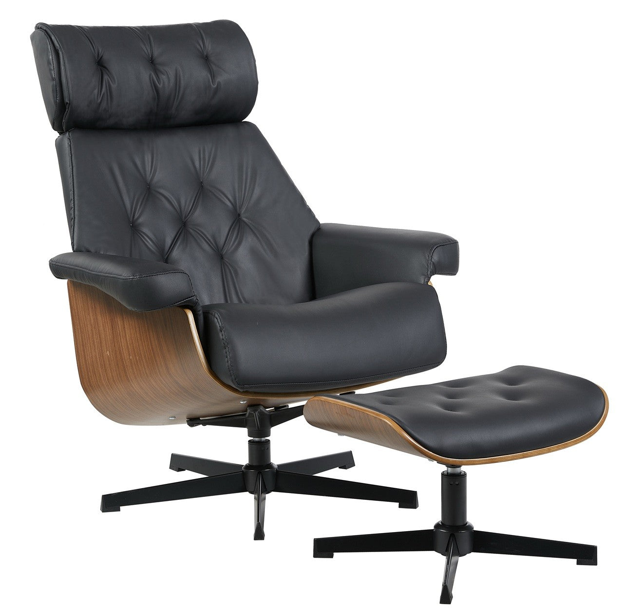 Sillón relax ergonómico con reposapiés ottoman, acabado en madera contrachapada barnizada y tapizado negro elegante, perfecto para salones modernos y despachos de prestigio
