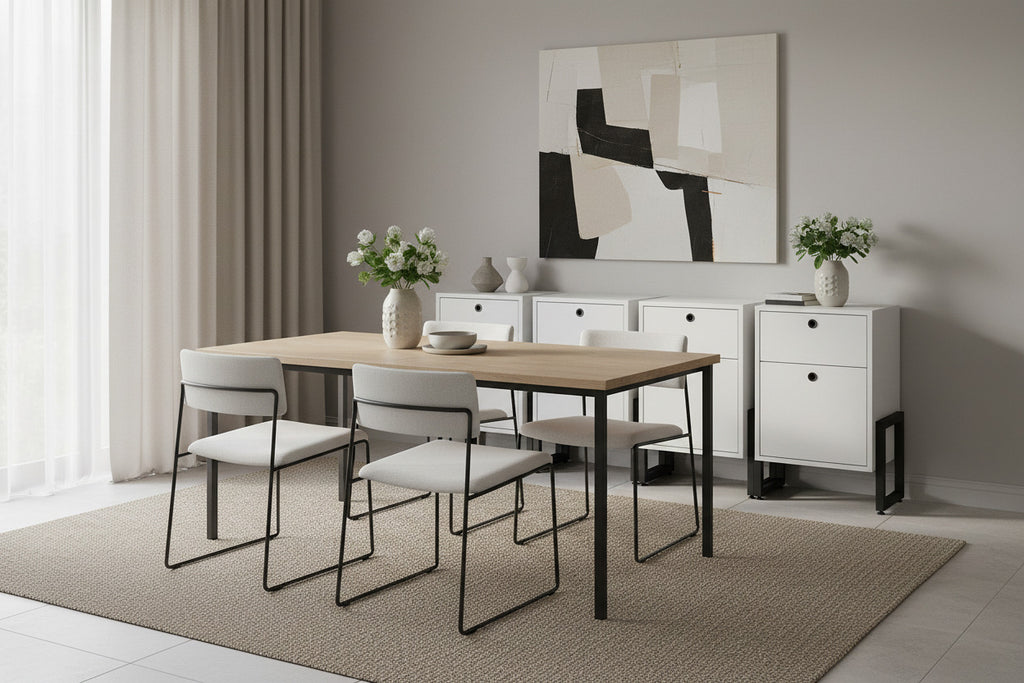 Cajonera minimalista WOLLY blanca con base metálica negra para oficinas y dormitorios en Santa Pola y Gran Alacant - Muebles Mercatoro.