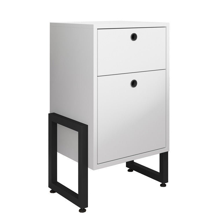 Mueble auxiliar de 2 cajones en blanco y metal negro, ideal como mesita de noche o cajonera de escritorio con diseño industrial moderno.