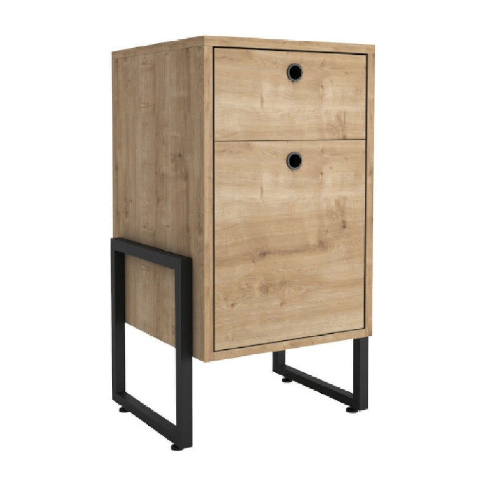 Cajonera de 2 cajones con acabado madera miel y base metálica negra, diseño minimalista para organización de dormitorios y estudios modernos.