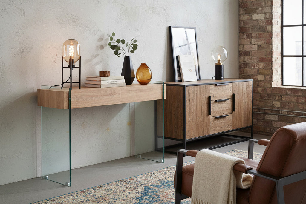 Mueble recibidor moderno con cajones de madera clara y laterales de vidrio efecto flotante