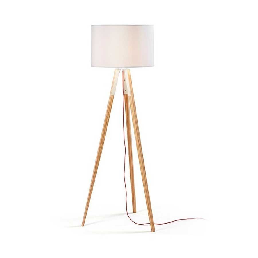 Lámpara JENSEN, pie salón, madera, pantalla blanca