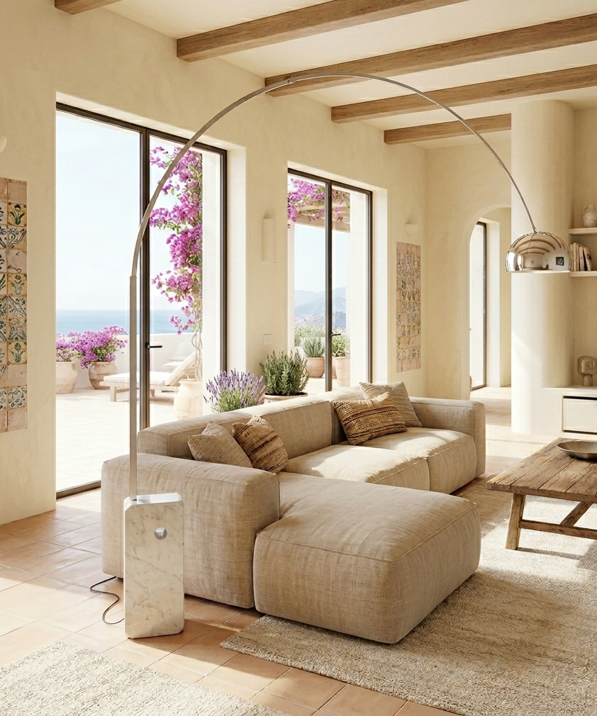 Lámpara de diseño contemporáneo NEW ARC BIG con gran arco cromado de tubo cuadrado y base de mármol blanco, disponible en Muebles Mercatoro.