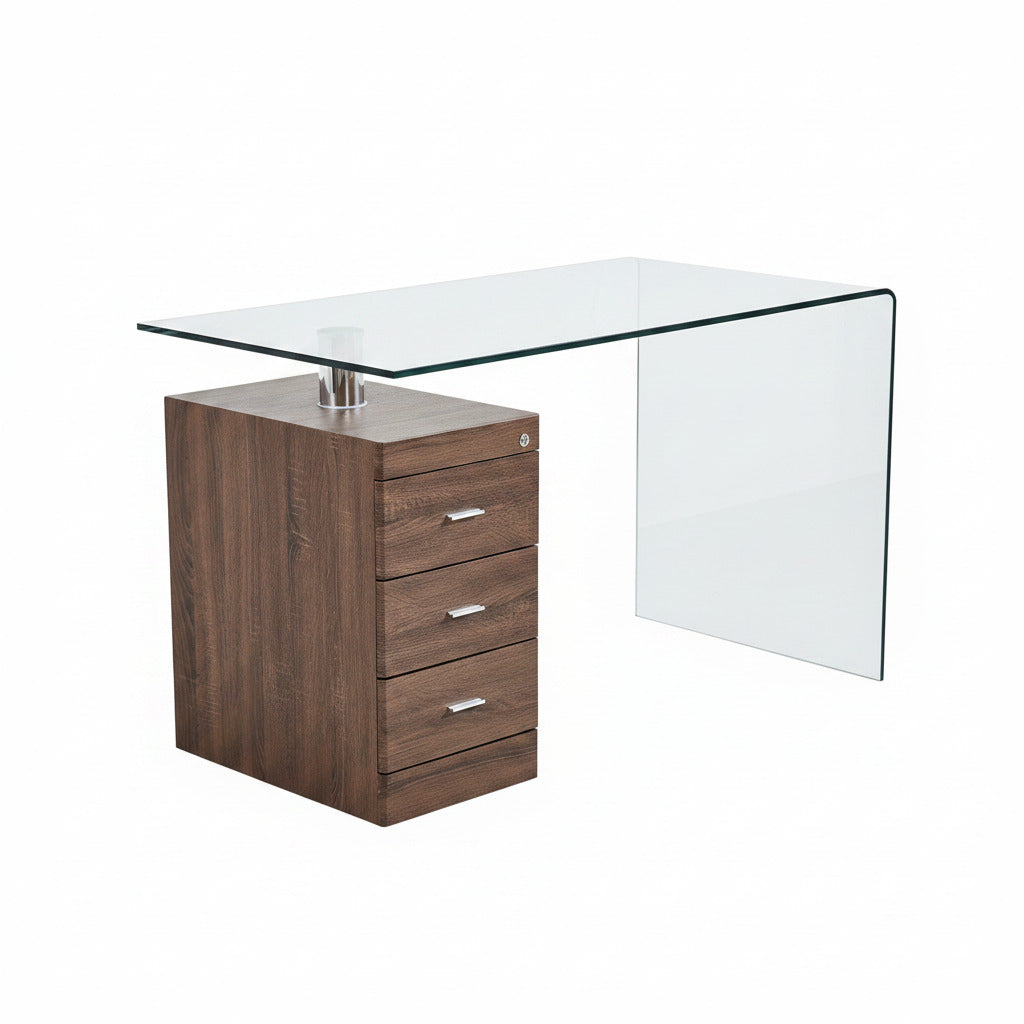 Mesa ARTEMISA, cristal curvado, cajonera bilaminada, 125x65 cms