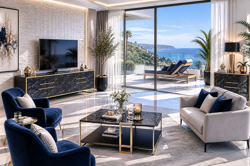 Mesa de centro moderna de mármol negro y oro, mobiliario de alta gama para proyectos de interiorismo en Torrevieja, Orihuela Costa y alrededores.