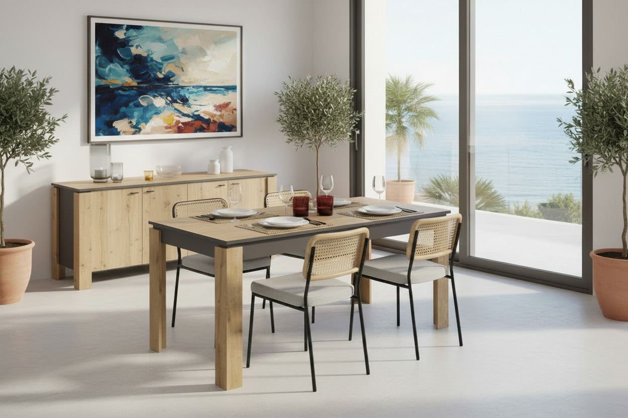 Mesa de comedor rectangular de diseño industrial-chic en roble natural y gris, ideal para proyectos de interiorismo integral que buscan durabilidad y estilo atemporal.