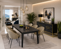 Mesa de comedor rectangular con acabado efecto mármol negro, diseño contemporáneo y ecológico para interiores sofisticados en la provincia de Alicante.