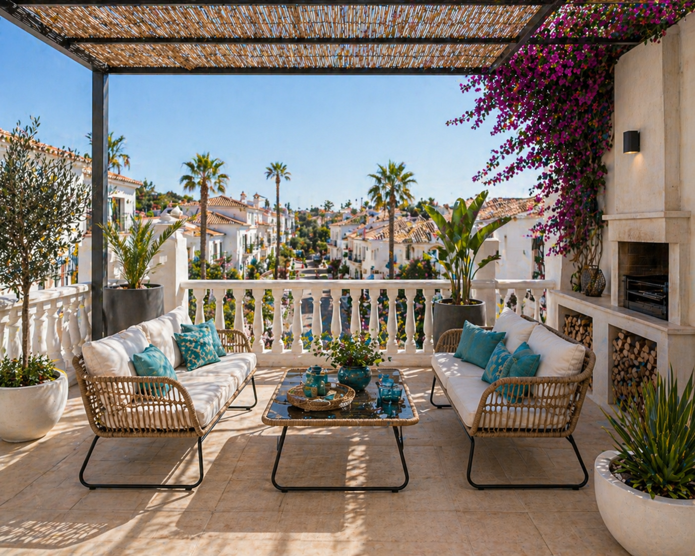 Mesa baja de ratán y cristal para jardín en Torrevieja. Mueble de exterior elegante a juego con sofá y sillón de diseño para terrazas en la Costa Blanca