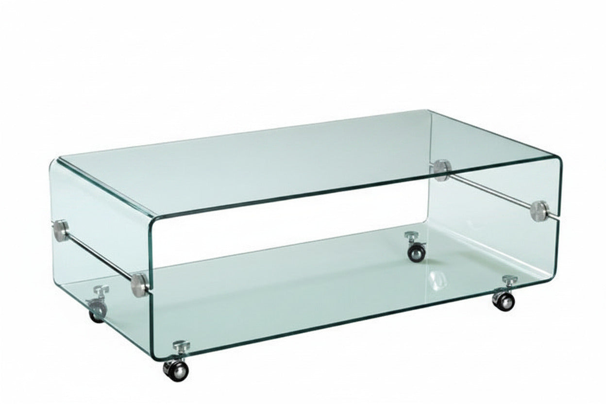 Mesa MELBOURNE, cristal curvado, ruedas, 120x60 cms