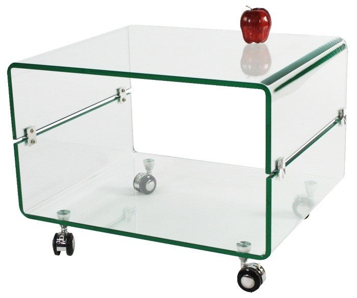 Mesa MELBOURNE, cristal curvado, ruedas, 60x40 cms