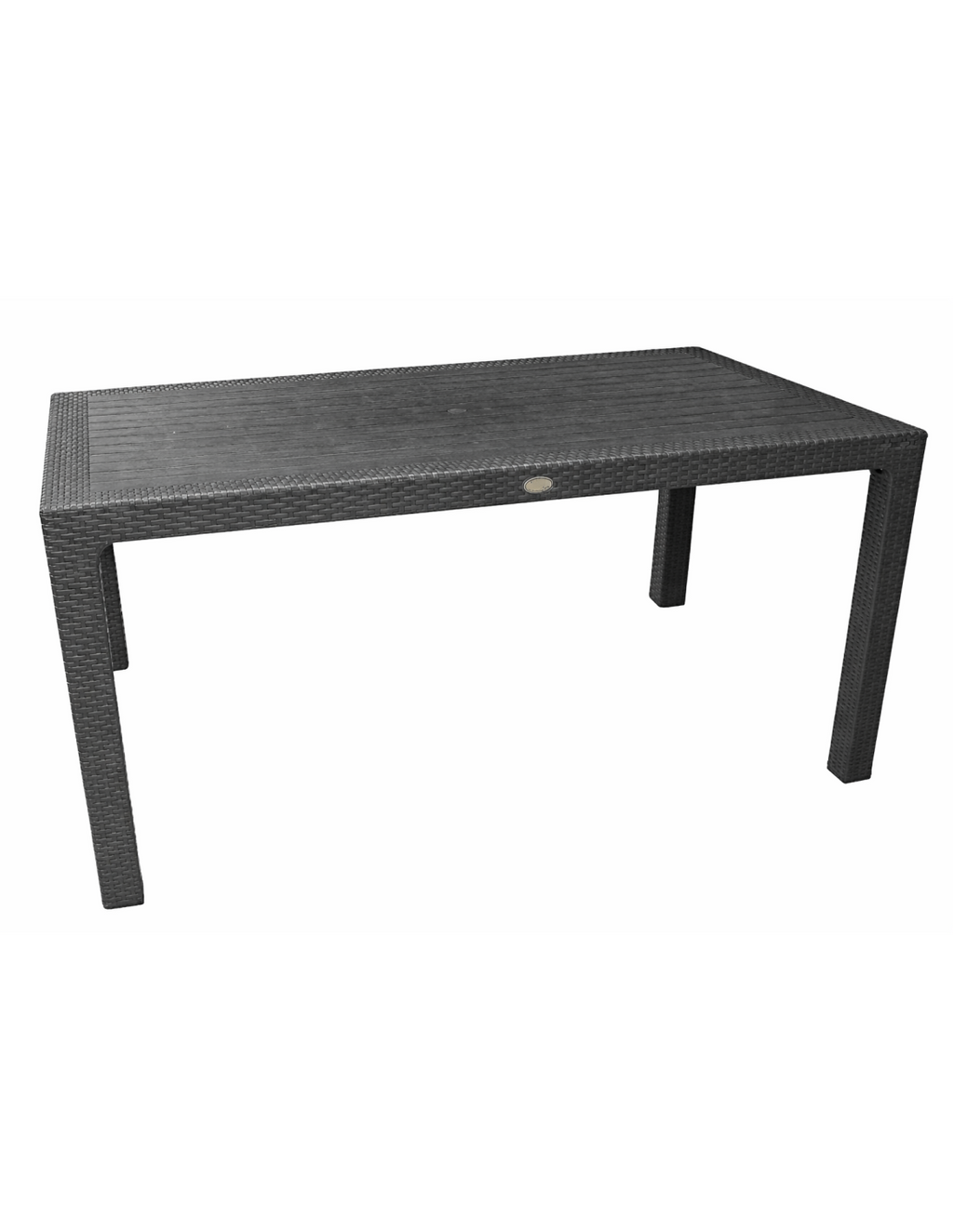 Mesa de exterior 100x70 cm en color antracita con acabado efecto ratán, fabricada en polipropileno para terrazas y jardines.
