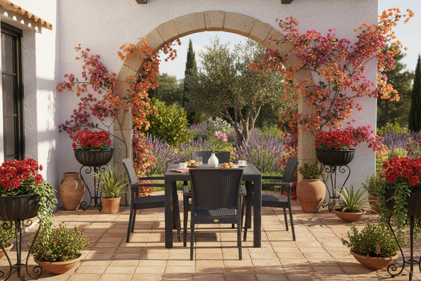 Mesa cuadrada de jardín color antracita con textura efecto ratán de 90x90 cm, ideal para terrazas de hostelería y exteriores en la Costa Blanca