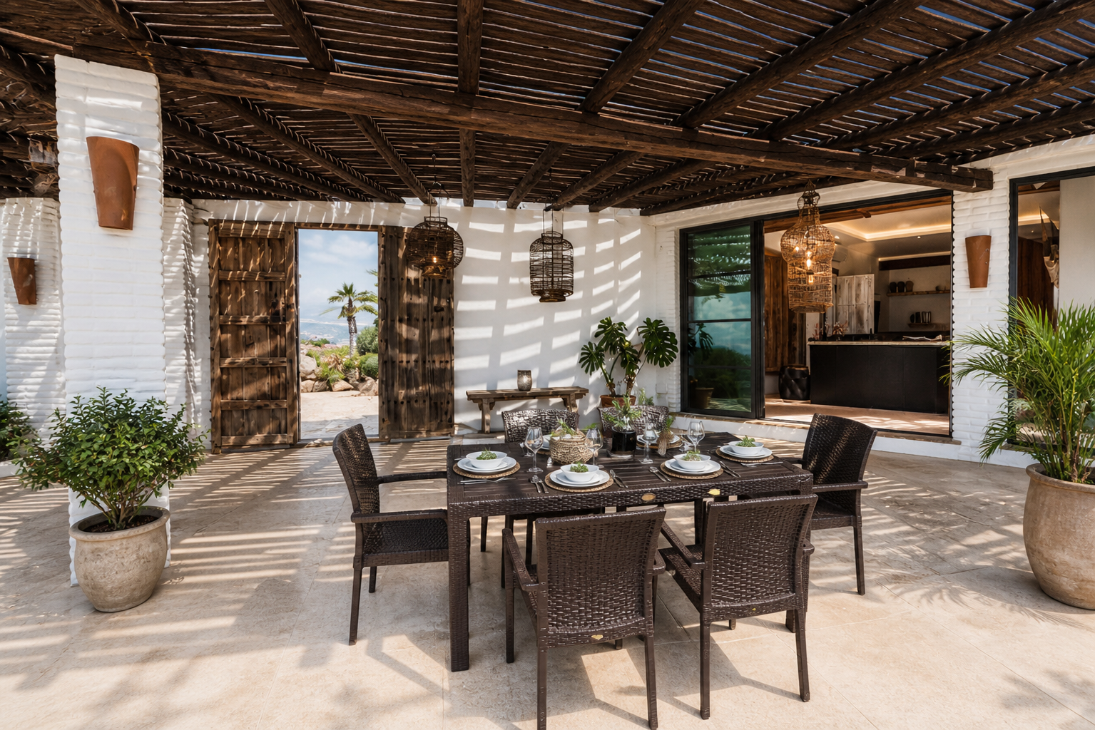 Mesa de terraza rectangular de 150x90 cm en color marrón chocolate con textura efecto ratán, fabricada en polipropileno de alta resistencia