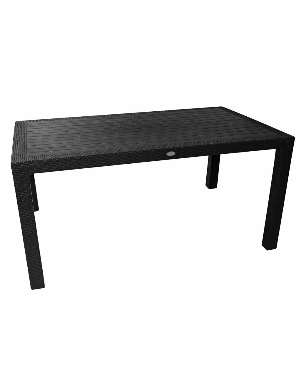Mesa negra de 150x90 cm con acabado imitación ratán, fabricada en polipropileno resistente para jardín y hostelería