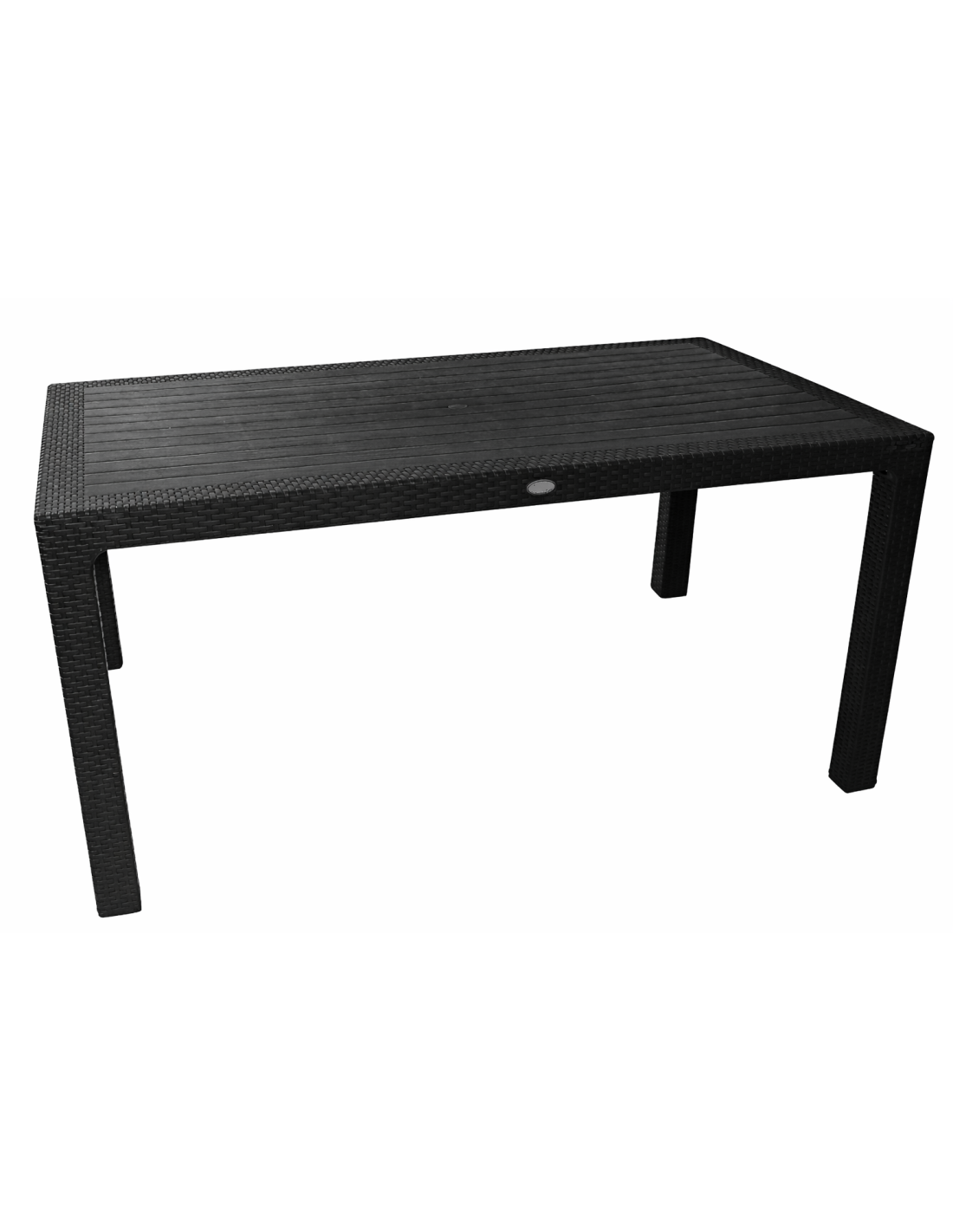 Mesa negra de 150x90 cm con acabado imitación ratán, fabricada en polipropileno resistente para jardín y hostelería