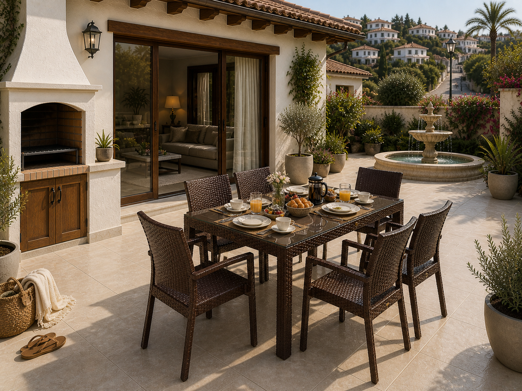 Mobiliario de terraza premium en Guardamar del Segura: mesa de diseño chocolate con cristal resistente al clima mediterráneo y al salitre.