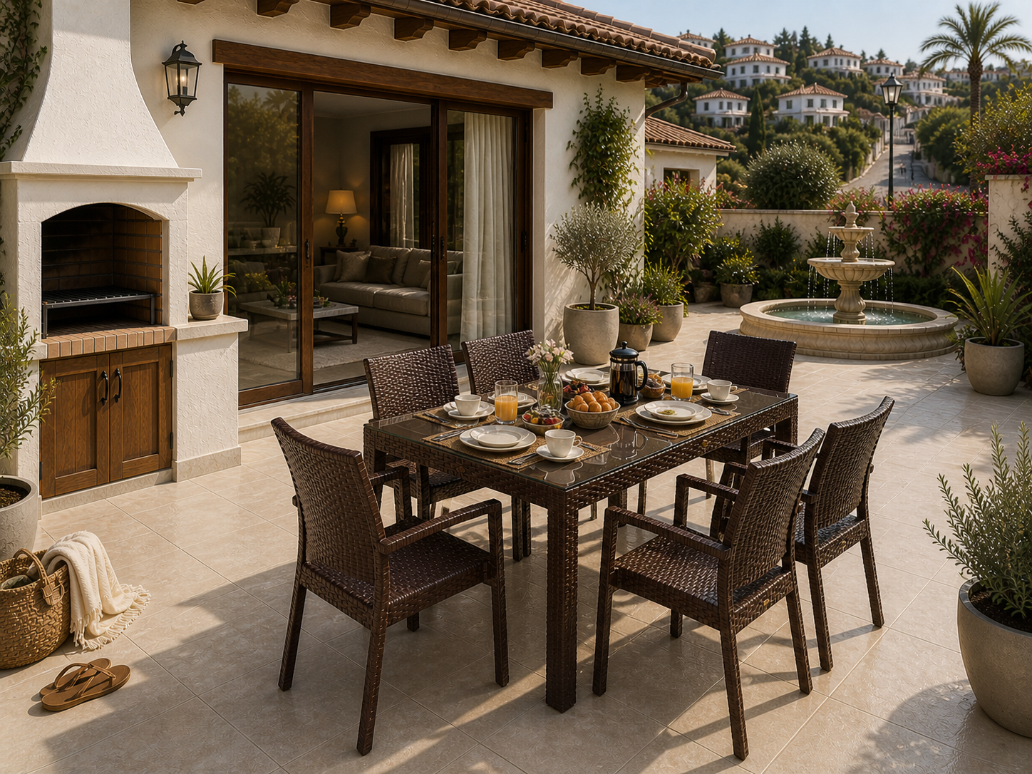 Mobiliario de terraza premium en Guardamar del Segura: mesa de diseño chocolate con cristal resistente al clima mediterráneo y al salitre.