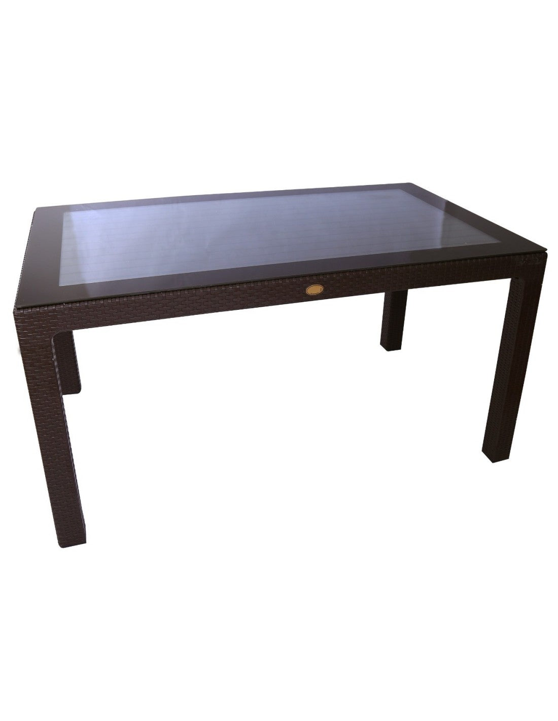 Mesa de comedor exterior 150x90 cm color marrón chocolate con tapa de cristal templado y acabado imitación ratán de alta resistencia.