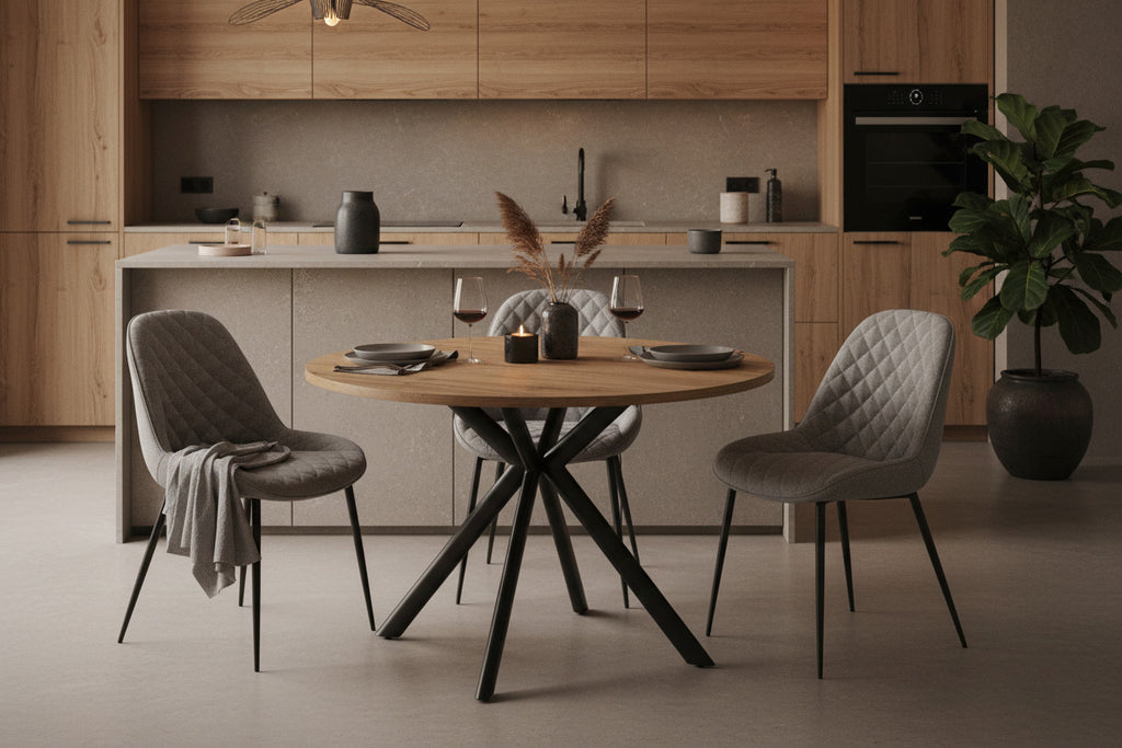 Mesa OLITE 120R, metal, madera, 120 cms de diámetro
