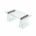 Mesa de comedor de 200 cm con tapa de cristal templado y patas de caballete en madera para salones en Gran Alacant