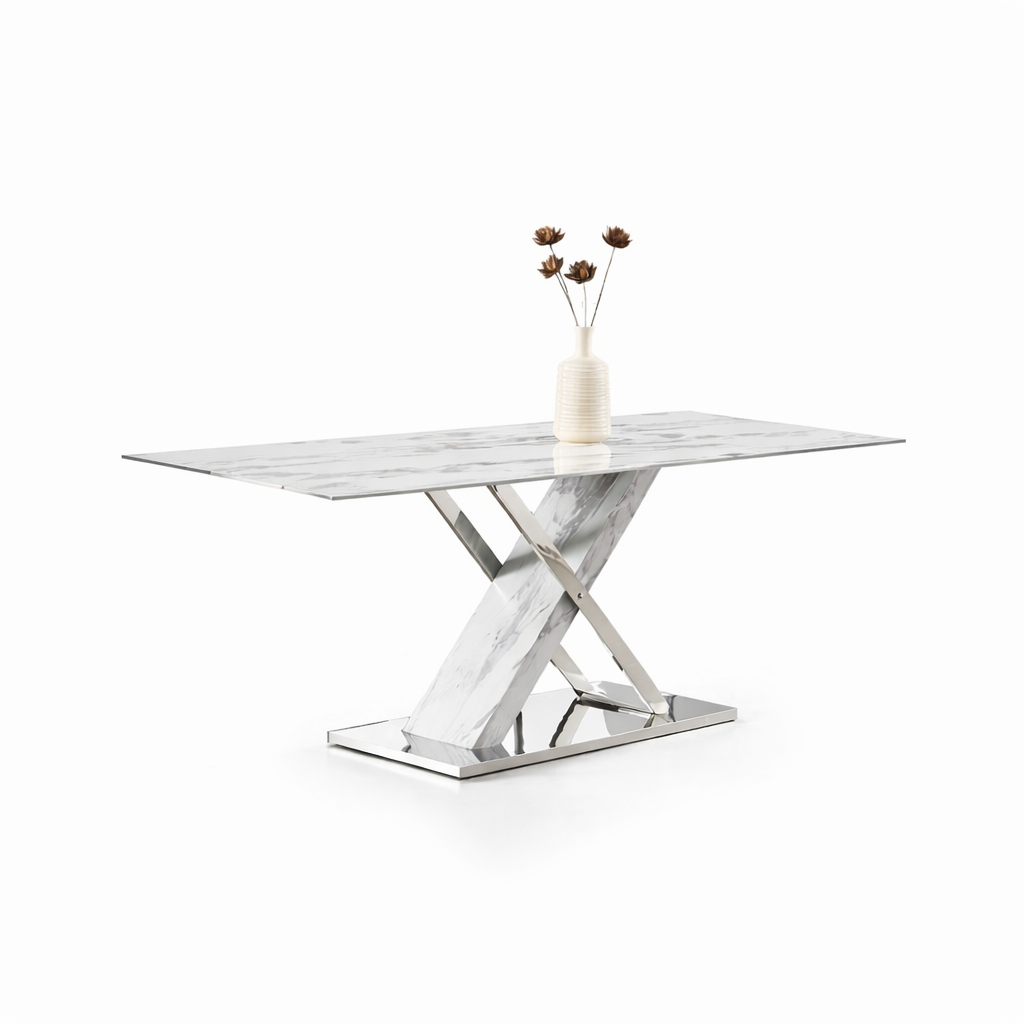 Mesa SIGRID, acero inoxidable, DM, tapa de cristal templado, 180 x 90 cms