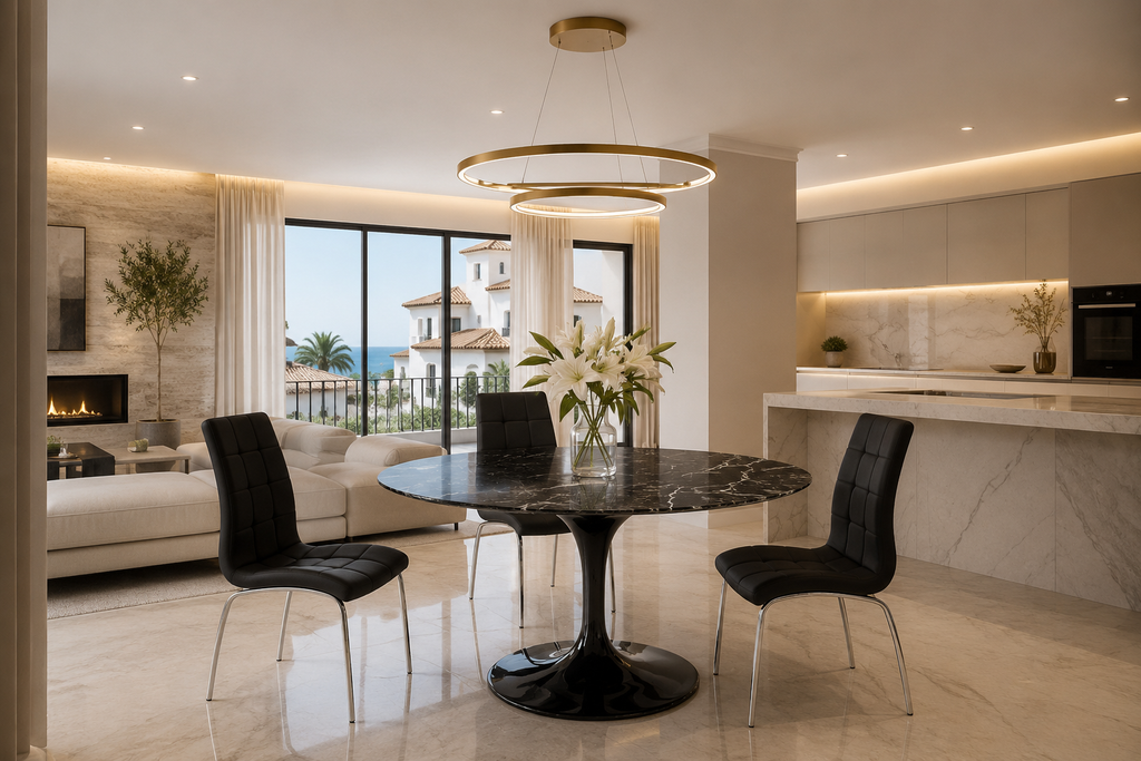 Mesa de diseño de lujo con tapa de mármol veteado negro para proyectos de interiorismo exclusivo en la Marina Baixa