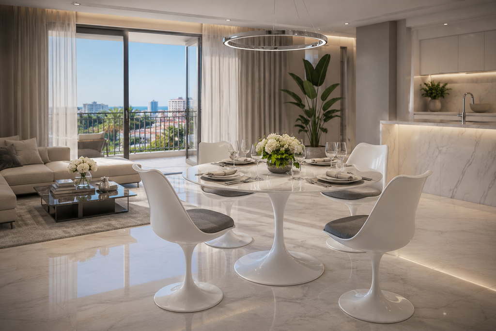 Mesa de salón minimalista lacada en blanco de 160 cm para villas modernas en Orihuela Costa