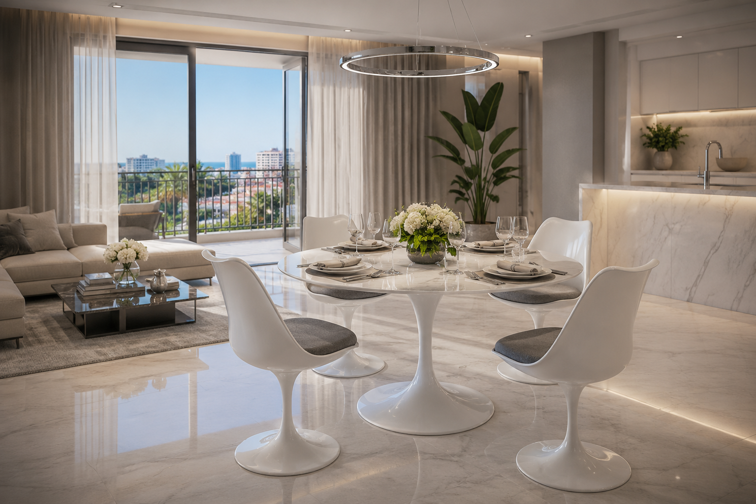 Mesa de salón minimalista lacada en blanco de 160 cm para villas modernas en Orihuela Costa