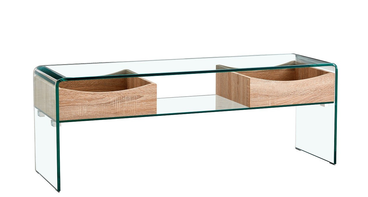Mesa TV LIBRA, cajones, cristal curvado, 120 x 35 cms