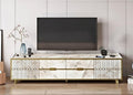 Mueble de TV ELOISE, biIaminado mármol blanco con detalles dorados, 180 cms.
